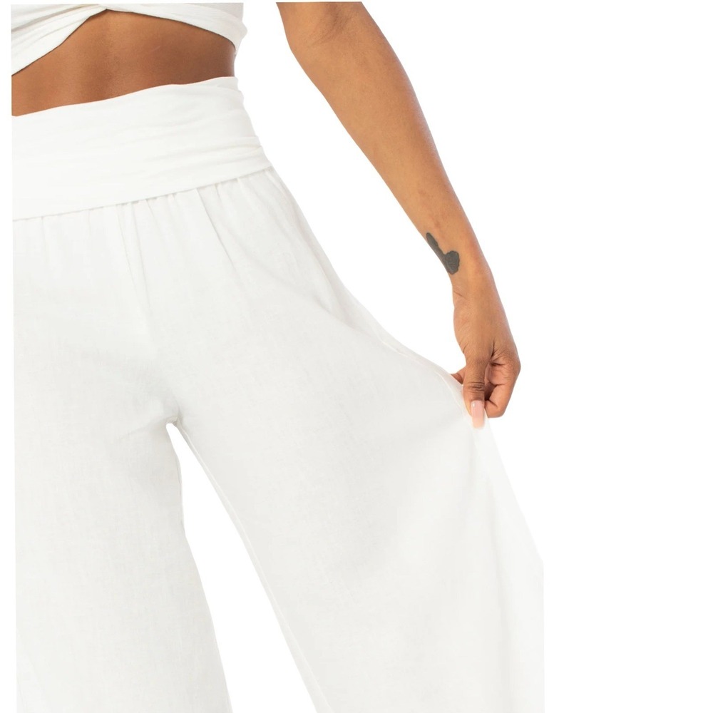 White Linen/Viscose Women's Wide Leg‎ Fold Over Waistband Pants Size Medium